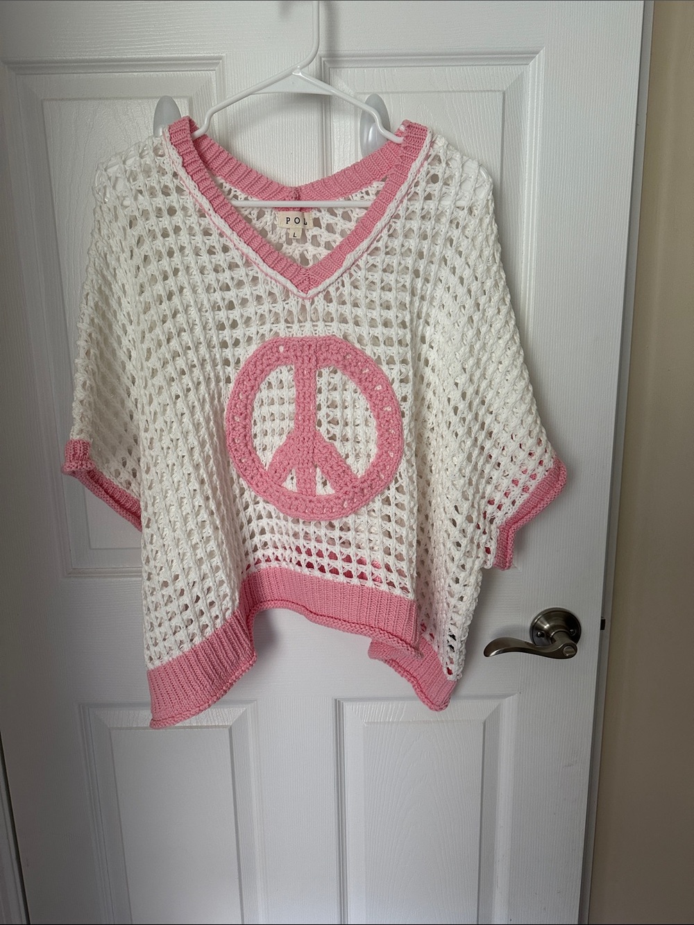 POL White Open-Knit Poncho Top with Pink Trim and Peace Motif